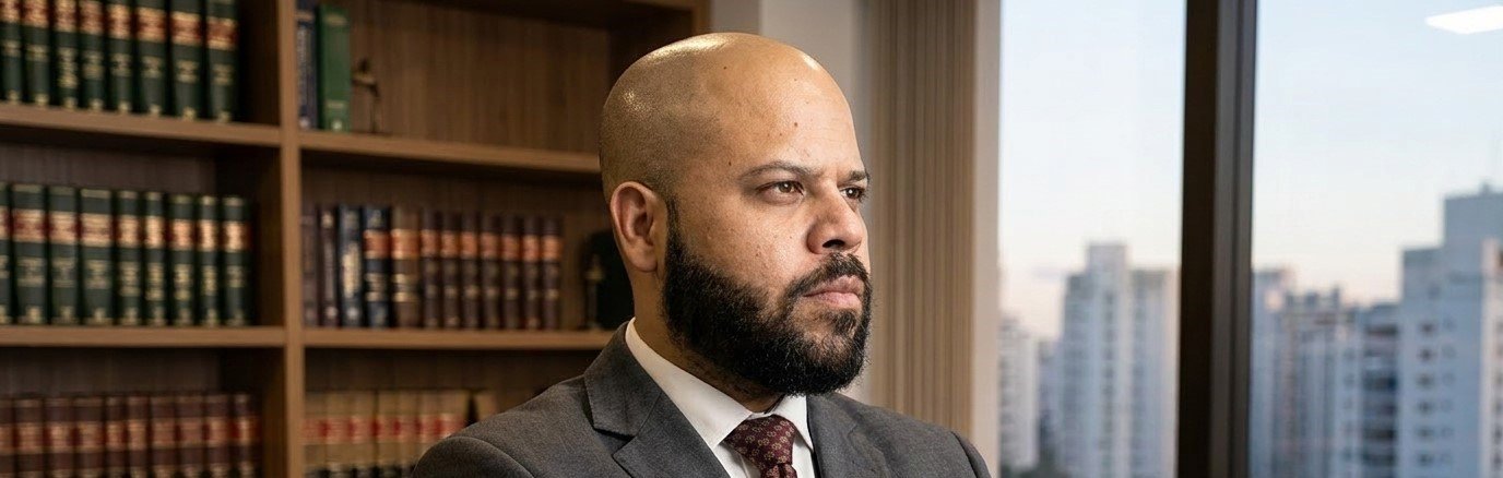 Dr. André Rodrigues de braços cruzados em seu escritório, diante de uma estante de livros jurídicos