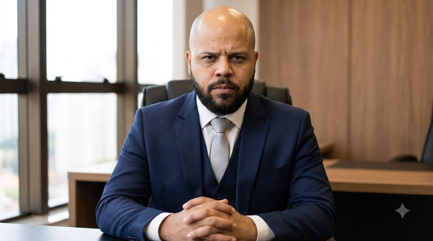Dr. André Rodrigues sentado à mesa de seu escritório, de terno, com as mãos entrelaçadas
