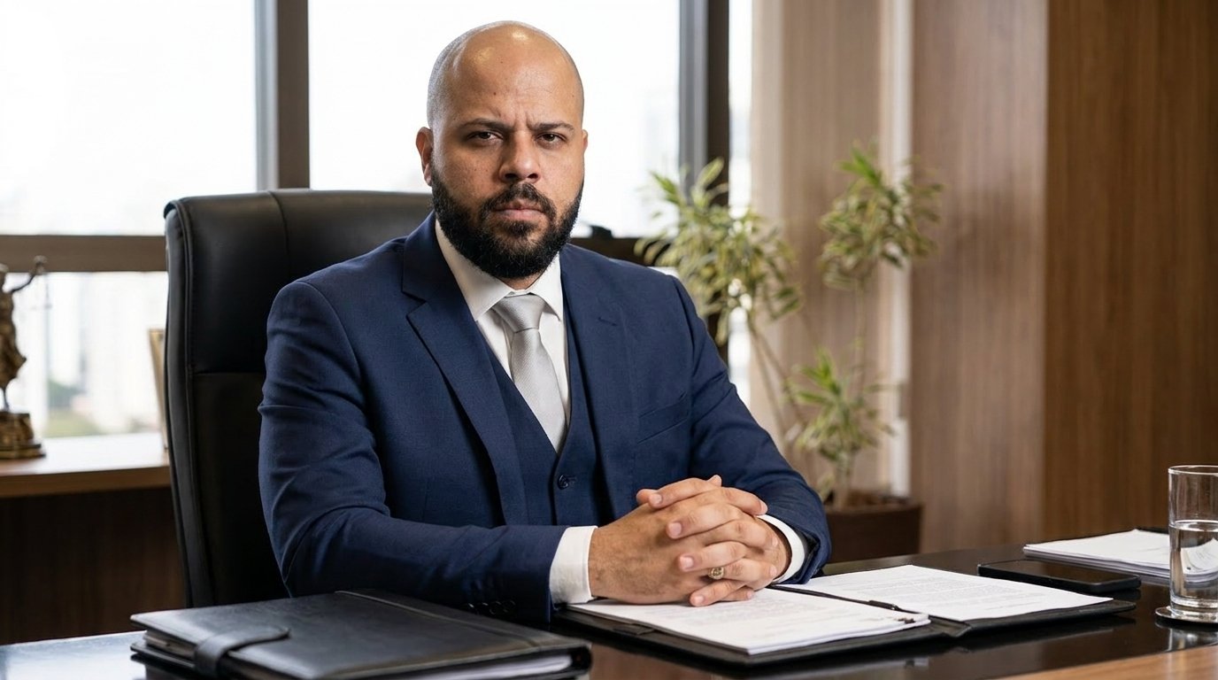 Dr. André Rodrigues sentado à mesa de trabalho, com documentos à frente